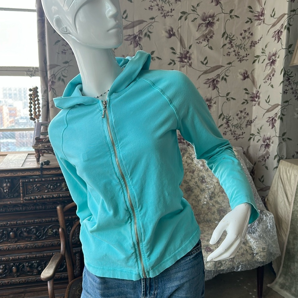 Raglan fitted sleeve hoodie cottonn aqua blue Zipper front as Is Used soft cozy